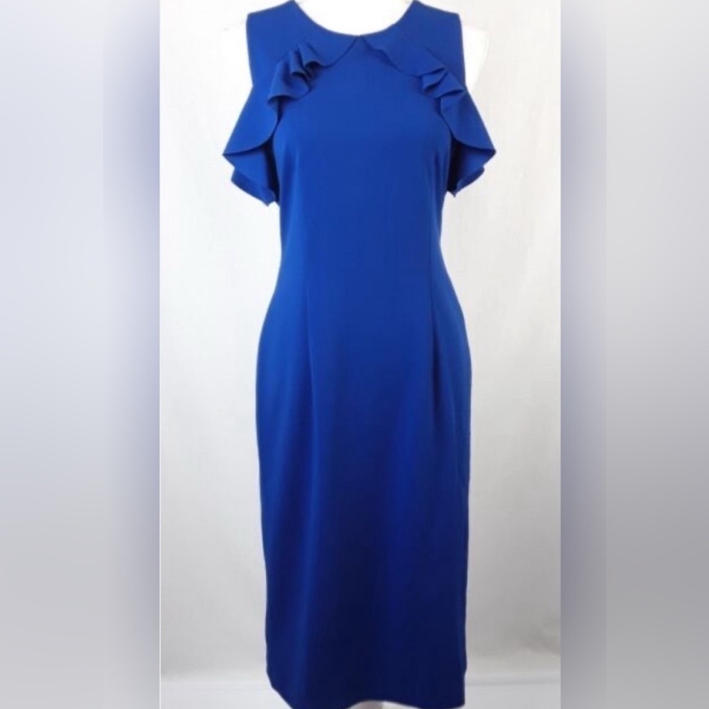 Ivanka Trump Royal Blue Ruffle Cold Shoulder Midi Dress • Size 8 cocktail - Picture 2 of 12